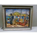 S L Thomas - figures on a quayside, oil on artist's board, signed lower left and dated 1917,