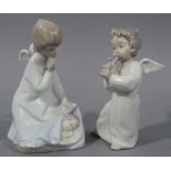 Two Lladro figures of angels one a young girl overlooking a baby,