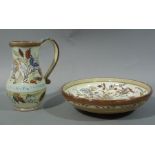 A Bourne Denby baluster jug and similar circular bowl each piece decorated with stylised leafage