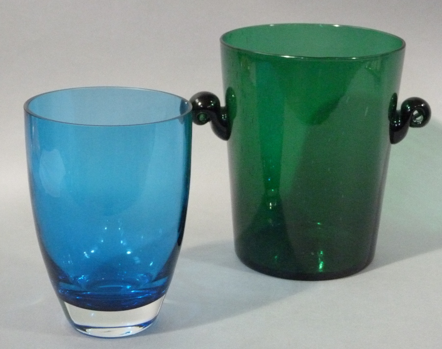 A two handled cylindrical green glass vase of slightly tapered form,