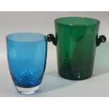 A two handled cylindrical green glass vase of slightly tapered form,