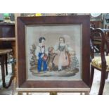 A Victorian needlework panel depicting a young girl and boy playing drums as a dog dances 34cm x