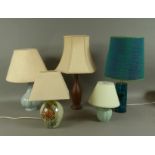 Five various table lamps including studio pottery, resin, wooden,