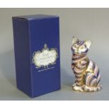 A Royal Crown Derby paperweight modelled as a cat, printed mark in red date code XLIX, gold plug,