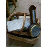 Three baskets containing sewing, cross stitch, and linen,