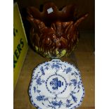 A Minton Delft pattern two handled shaped square dish;