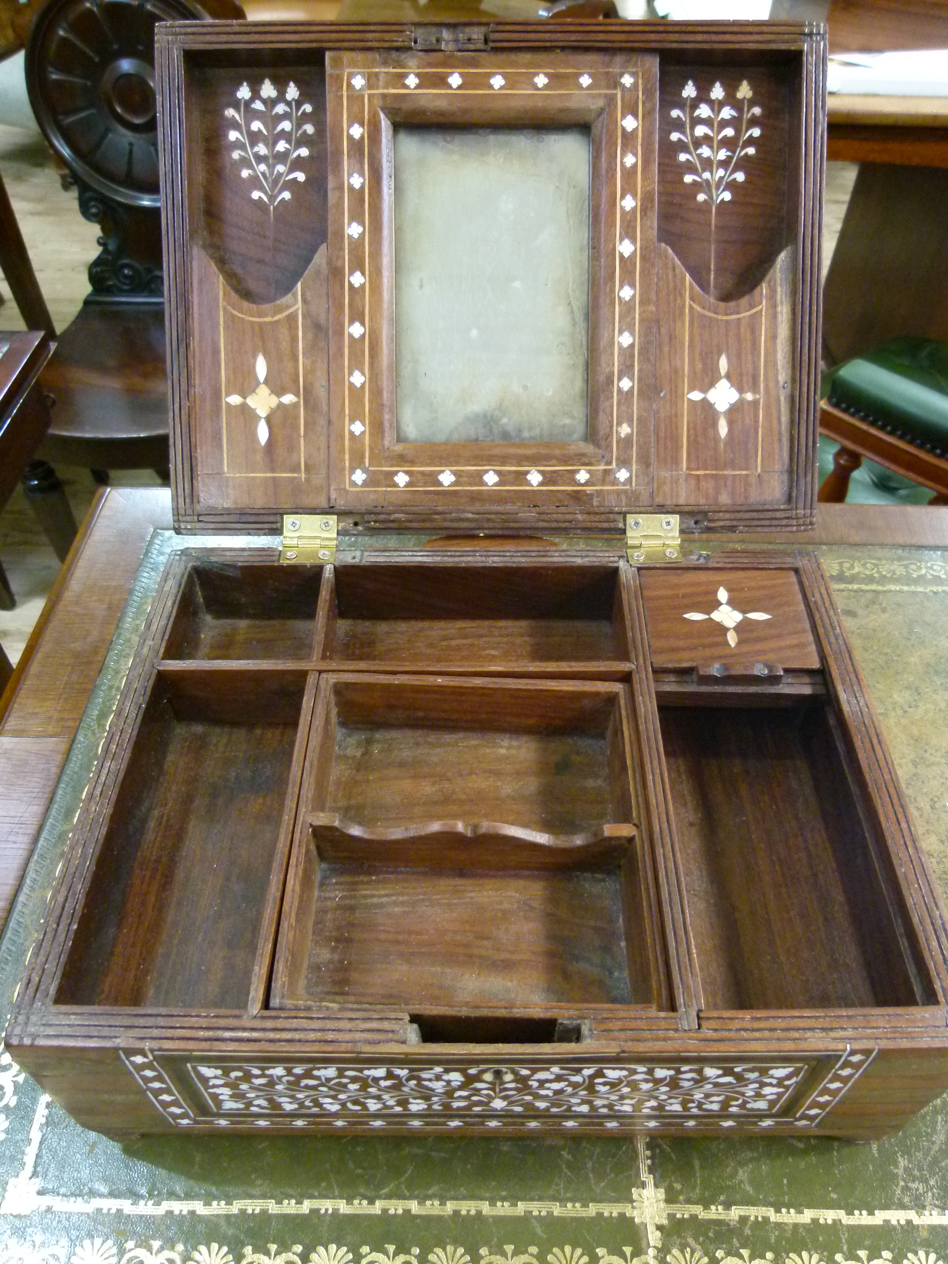 A bone inlaid hardwood Eastern box with brass bound corners the hinged lid with central mirror - Image 3 of 3