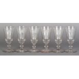 A set of six Georgian ale flutes, the bucket bowls etched with barley and hops, blade knopped stem,