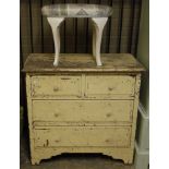 A cream painted pine chest of drawers together with a white painted dressing table stool (2)