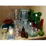A quantity of decorative coloured and other glassware including, vases, bottles, decanters,
