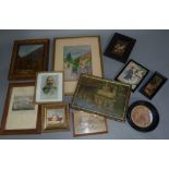 A small quantity of pictures and prints including needlework examples, various sizes,