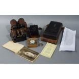 A pair opera glasses, a pair of field glasses, two vintage cameras, a Watkins Bee meter,