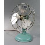 A vintage Frost fan with chromium plated blades and green Japanned stand,