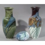 Two similar John Bordeaux pottery baluster vases of mottled green and blue colour,