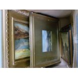 A gilt framed oil landscape by A B Marston, a gilt framed landscape watercolour,