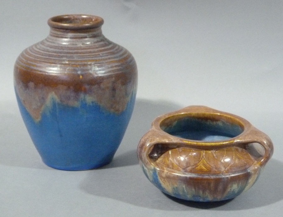 A Bourne Denby three handled vase of compressed cauldron form the shoulder with incised decoration