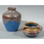 A Bourne Denby three handled vase of compressed cauldron form the shoulder with incised decoration