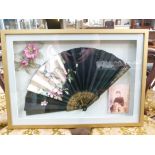 A late 19th century painted fan together with silk corsage and photograph of the fan owner