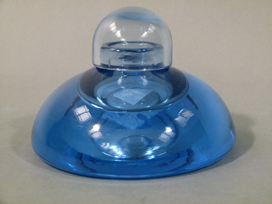A pale blue glass inkwell of compressed sack form with shallow well and domed loose cover, - Image 2 of 2