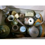 A quantity of wooden and brass items including vases, coffee pots, toast rack,