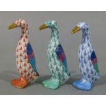 Three Herend porcelain models of duck in red, blue and green palette, 6.