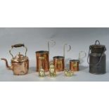 A quantity of Victorian and later copper items including 1/2 pint to 2 pint measures, kettle,