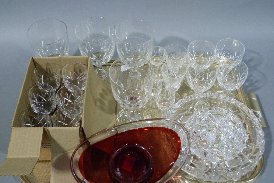 An Art Glass oval bowl of red colour with clear rim, a set of six sherry glasses, - Image 2 of 2