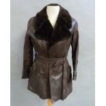 A gentleman's brown leather three quarter jacket by McDouglas of Paris with faux fur collar, late