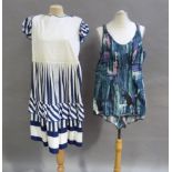 A 1950s blue and white striped summer dress with short sleeves and pleated and flounced skirt,