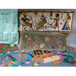 A Chinese folding waste bin, an Egyptian applique wall hanging, linen and felt applique wall