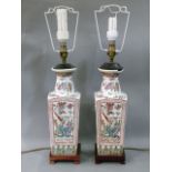 A pair of lamps in the form of Chinese square tapered vases