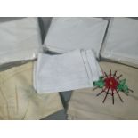 A quantity of pairs of pillow cases with crochet trims, together with napkins and embroidery panels