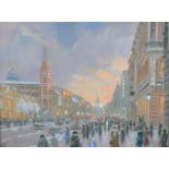 20/21st century Russian School, Neveksky Prospect, St Petersburg, busy street scene at dusk, pastel,