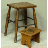 A small oak stool of rectangular outline on refectory supports together with an elm and beech