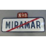 Enamel Sign - French: Miramar N98, rounded rectangle with red line through blue text, 56cm x 120cm