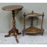 A Victorian and walnut inlaid two tier corner whatnot with turned uprights, together with an oval