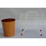 A 1960s/70s wirework magazine rack with red plastic ball feet, together with a wood effect printed