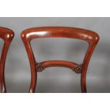 A SET OF FOUR EARLY VICTORIAN MAHOGANY OPEN BACK DINING CHAIRS, foliate carved tie rail, upholstered