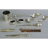 A selection of items including a pair of EPNS sauce ladles initialed L, a basting spoon initialed W,