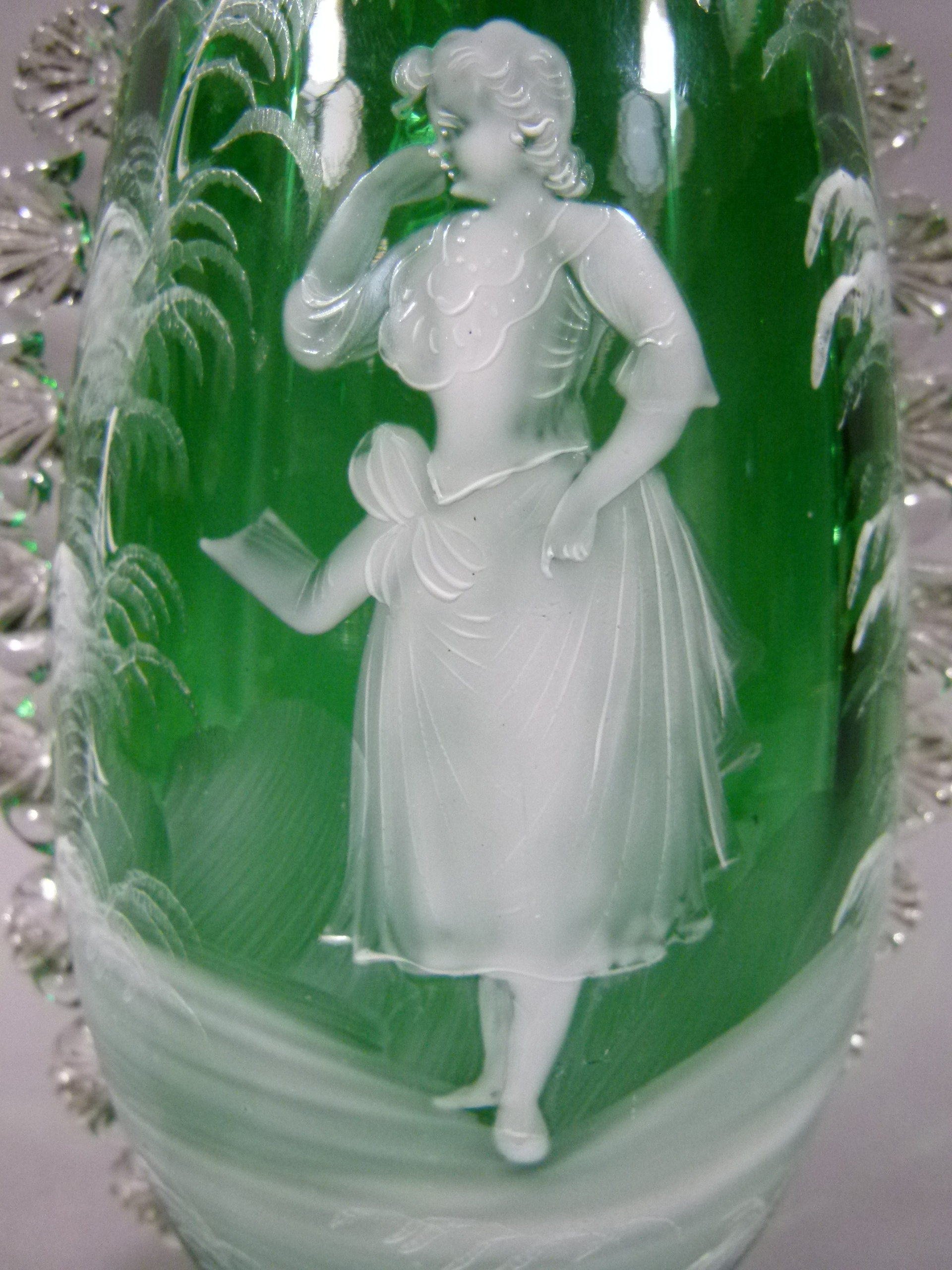 A Victorian Mary Gregory style green glass baluster vase with crimped clear glass handles, 27cm - Image 3 of 7