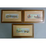 A set of three J & J Cash Ltd woven picture: Canal Boats, Thames Barges and The Rocket, each 7cm x