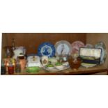 A Victorian saltglazed jelly mould, two pressed glass jelly mould, decorative ceramics, jugs,