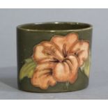 A Moorcroft Hibiscus cigarette stand in coral on a green ground