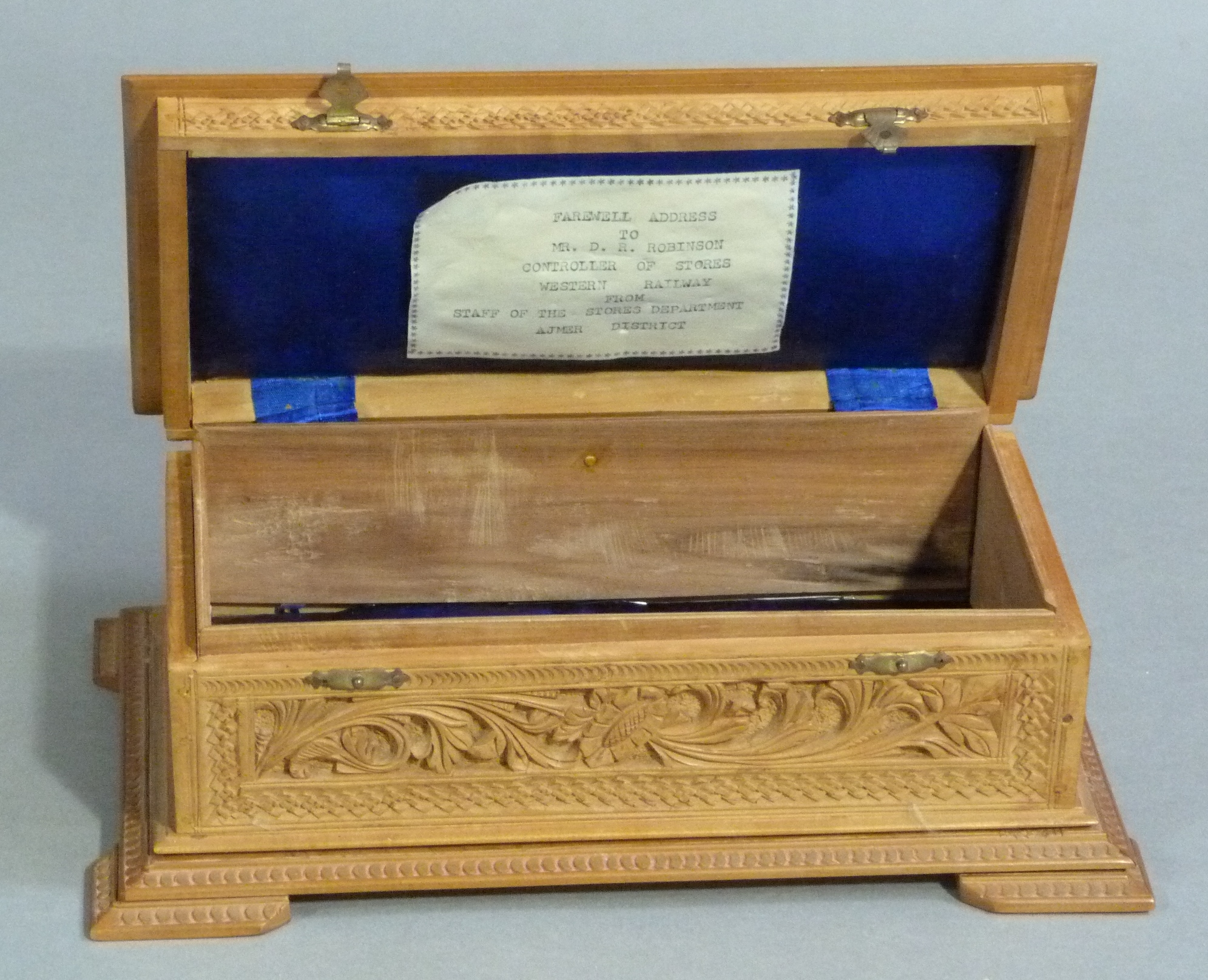 An Indian carved camphor wood casket which previously held a farewell address to Mr D R Robinson - Image 3 of 3