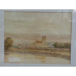 Edward Barnard - River landscape with village and figures around a fire, watercolour signed to lower