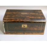 A Victorian coromandel writing box inlaid with brass stringing, the hinged lid with presentation