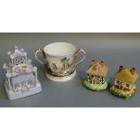 Three cottage ornees and a Staffordshire two handled mug painted with a courting couple in extensive