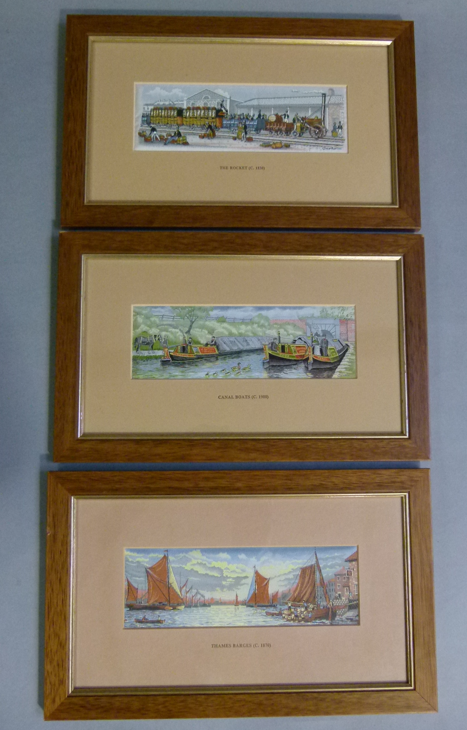 A set of three J & J Cash Ltd woven picture: Canal Boats, Thames Barges and The Rocket, each 7cm x - Image 2 of 5