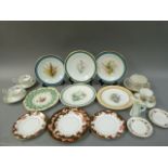 Victorian floral painted dessert plates in green, turquoise and buff borders, a floral decorated