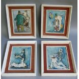 A set of four portraits of clowns, oil on board, indistinctly signed, framed